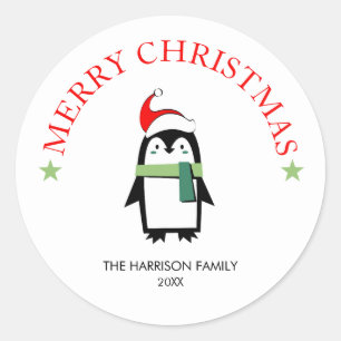 Sticker Rond Pingouin mignon moderne avec Noël au chapeau de No
