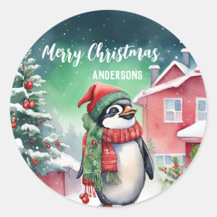 Sticker Rond Pingouin mignon Père Noël Noël fête de neige