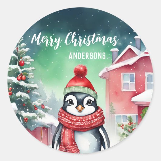 Sticker Rond Pingouin mignon Père Noël Noël fête de neige (Devant)