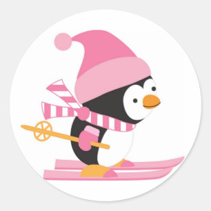 Sticker Rond Pingouin mignon sur ski de neige