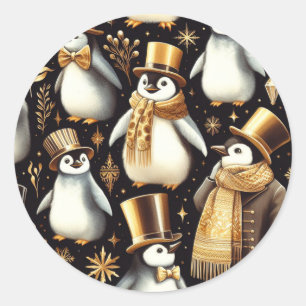 Sticker Rond Pingouin noir et doré