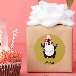 Sticker Rond Pingouin scintillant avec lumières de Noël