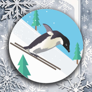Sticker Rond Pingouin Ski Amusant Hiver Enfants Artisanat Sport