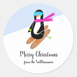 Sticker Rond Pingouin Ski cadeau de Noël de vacances d'hiver