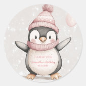 Sticker Rond Pingouin Whimsical Anniversaire Merci rose (Devant)