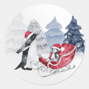 Sticker Rond Pingouins Rouge Traîneau Aquarelle Noël
