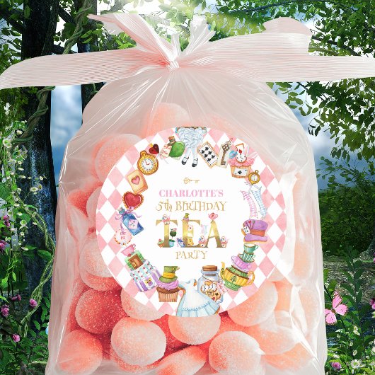 Sticker Rond Pink Alice in Wonderland 5th Birthday