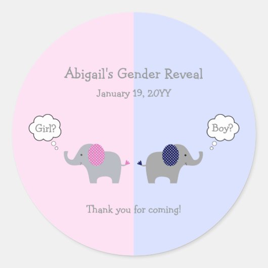 Sticker Rond Pink and Blue Elephant Gender Reveal Baby (Devant)