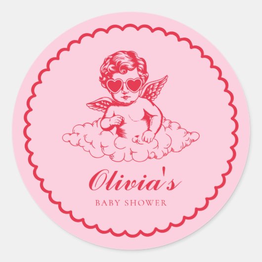 Sticker Rond Pink and Red Retro Cherub Baby Shower (Devant)