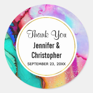 Sticker Rond Pink and Turquoise Marble Abstract Watercolor