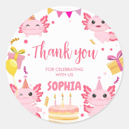 Sticker Rond Pink Axolotl Alotl fête d'anniversaire (Devant)