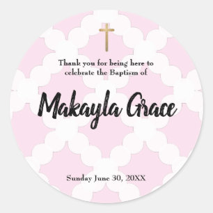 Sticker Rond Pink Baby Girl Baptism Christening Merci