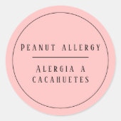 Sticker Rond Pink Bilingue Alerte d'allergie aux arachides Espa (Devant)
