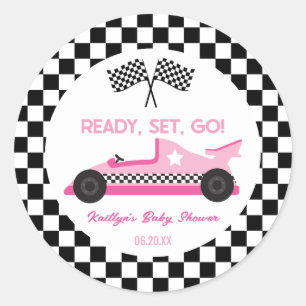 Sticker Rond Pink Black Race Car Ready Set Go Baby shower Favor