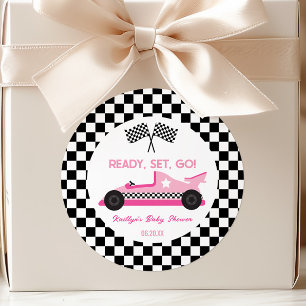 Sticker Rond Pink Black Race Car Ready Set Go Baby shower Favor