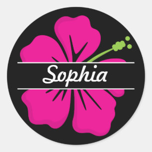 Sticker Rond Pink, Black Tropical Hawaiian Hibiscus Nom de la f