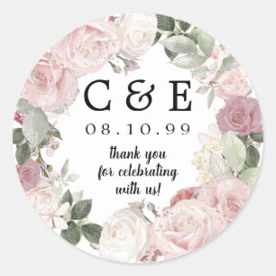 Sticker Rond Pink Blanc Floral Monogramme Mariage Merci