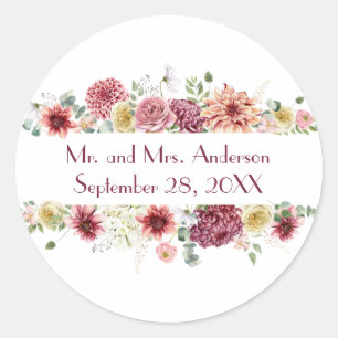 Sticker Rond Pink Blanc Floral Personnalisé Noms Mariage Date