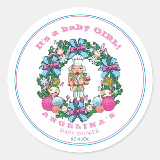 Sticker Rond Pink Blue Christmas Nutcracker Wreath Baby shower (Devant)