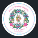 Sticker Rond Pink Blue Christmas Nutcracker Wreath Baby shower<br><div class="desc">Cute Rose et Bleu Casse-noisette de Noël Wreath pour le thème baby shower sucré. Recherchez les produits correspondants (ci-dessous). Personnalisé.</div>