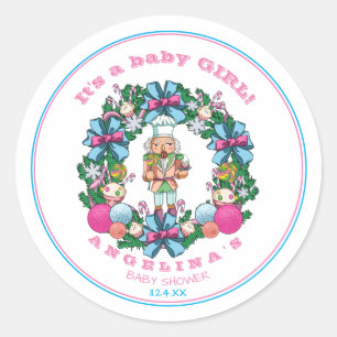 Sticker Rond Pink Blue Christmas Nutcracker Wreath Baby shower