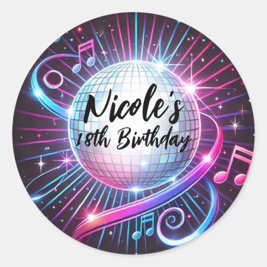 Sticker Rond Pink & Blue Disco Ball Musique Dace Anniversaire (Devant)