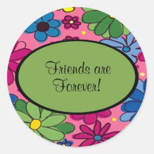 Sticker Rond Pink Blue Green Floral Les amis sont toujours Stic
