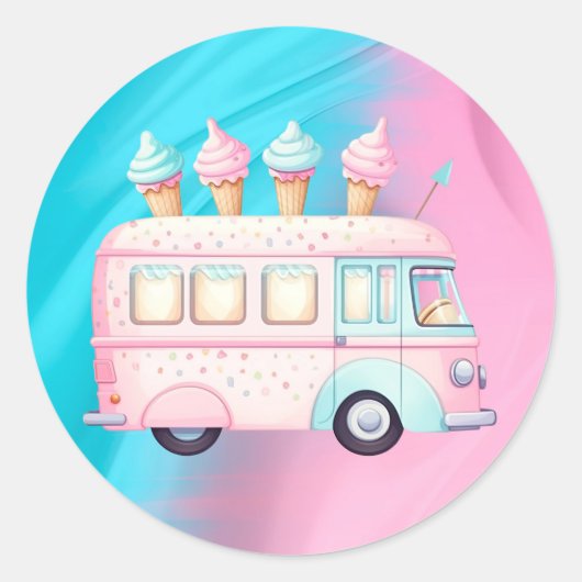 Sticker Rond Pink Blue Ice Cream Camion fête d'anniversaire (Devant)