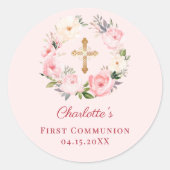 Sticker Rond Pink blush floral wreath First Communion (Devant)