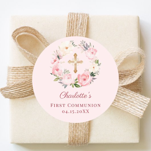 Sticker Rond Pink blush floral wreath First Communion