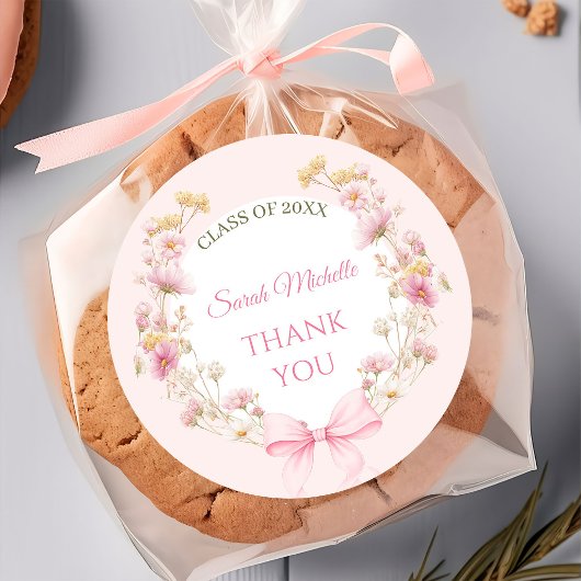 Sticker Rond Pink Boho Wildflowers Graduation Party