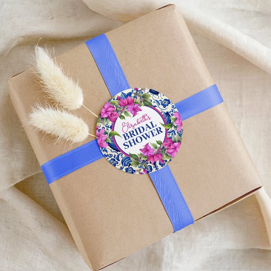 Sticker Rond Pink Bougainvillea Blue Tile Bridal Shower