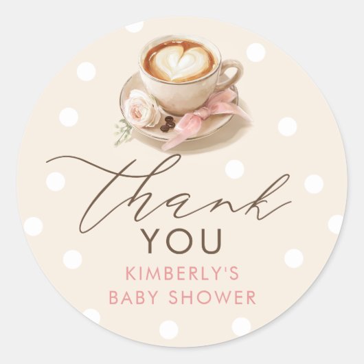 Sticker Rond Pink Bow Coffee Baby Shower Thank You (Devant)