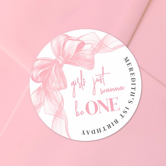 Sticker Rond Pink Bow Girls 1st Birthday