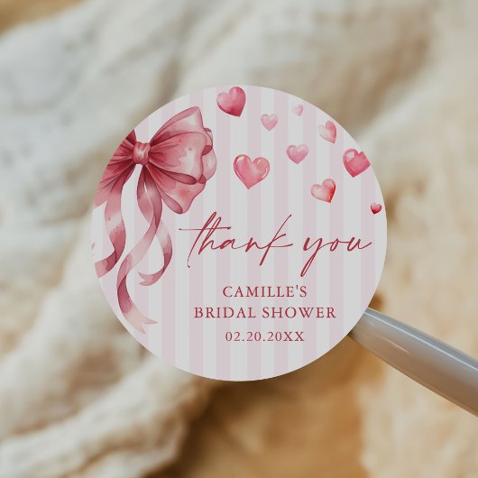 Sticker Rond Pink Bow Hearts Valentines Baby Shower