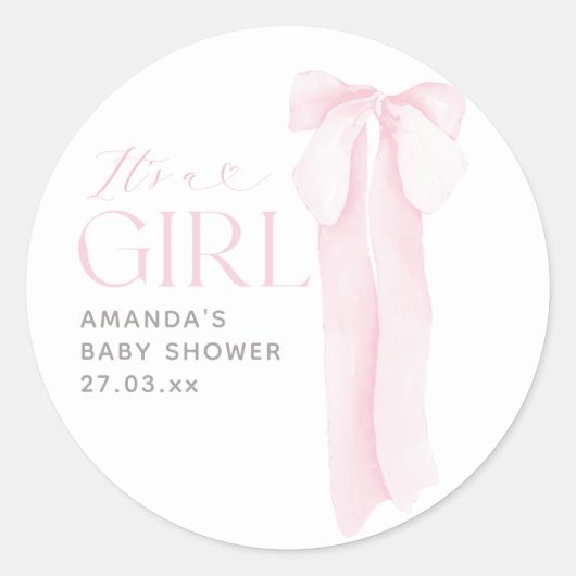 Sticker Rond Pink Bow Minimalist C'est un Baby shower de fille (Devant)