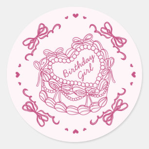Sticker Rond Pink Bow Retro Coeur Coquette gâteau Anniversaire 
