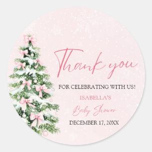 Sticker Rond Pink Bows Christmas Tree Girl Baby shower d'hiver