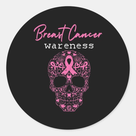 Sticker Rond Pink Butterfly Skull Breast Cancer Awareness Bonjo (Devant)