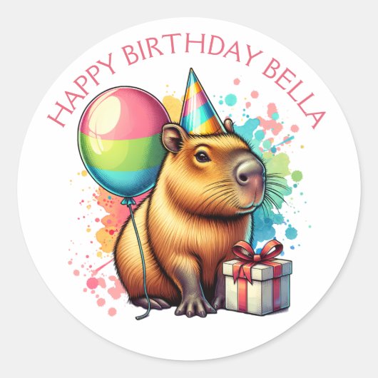 Sticker Rond  Pink Capybara Themed Girl's Happy Birthday  (Devant)