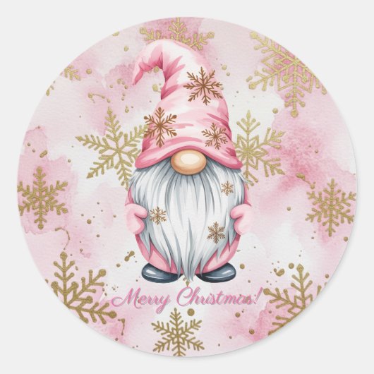 Sticker Rond Pink Christmas Gnome Gold Snowflakes (Devant)