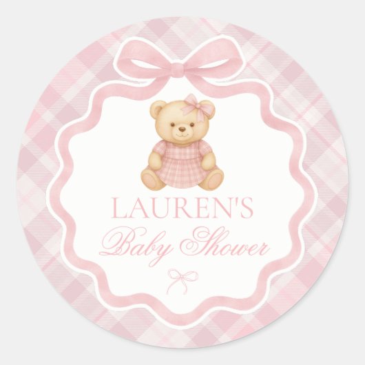 Sticker Rond Pink Coquette Bow Bear Baby Shower Envelope Seal (Devant)