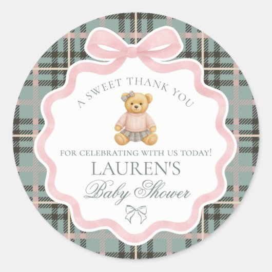 Sticker Rond Pink Coquette Bow Bear Tartan Baby Shower Favor (Devant)