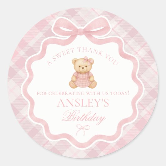 Sticker Rond Pink Coquette Bow Bear Tartan Birthday Favor (Devant)