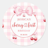 Sticker Rond Pink Coquette Bow Cherry First Birthday Party (Devant)