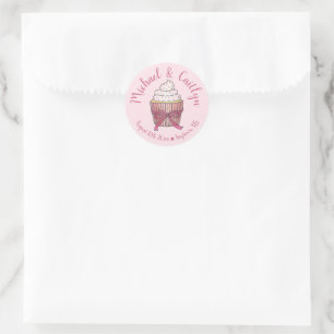Sticker Rond Pink Cupcake Bow arrose Fête des mariées Mariage