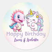 Sticker Rond Pink Cute Unicorn dinosaures arc-en-ciel fête d'an (Devant)