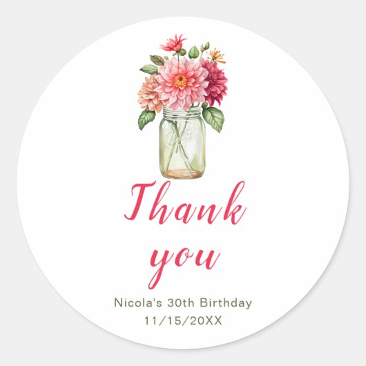 Sticker Rond Pink Dahlias Mason Jar fête d'anniversaire (Devant)