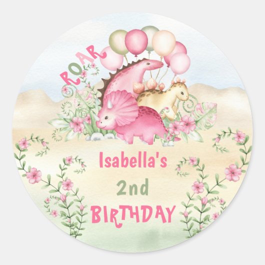 Sticker Rond Pink Dinosaur Petite fille Pastel mignon Anniversa (Devant)