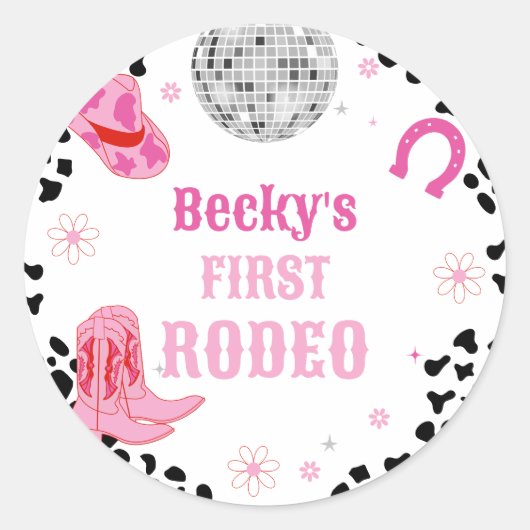 Sticker Rond Pink Disco First Rodeo Cowgirl 1er anniversaire (Devant)